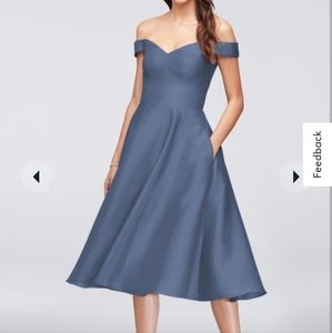 David's Bridal off the shoulder tea length dress